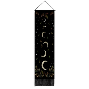 Tenture murale verticale avec phases de la lune, motifs de feuilles et glands noirs