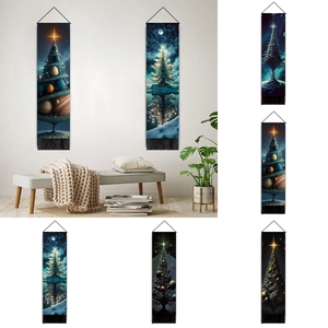 Christmas Tree Wall Hanging Tapestry Space Galaxy Stars Pattern Polyester Cotton Vertical Scroll With Rod And Tassels