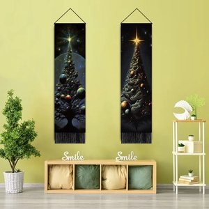 Detailed view of Space Christmas wall hangings with hanging rods and black tassels