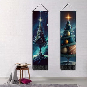 Christmas tree wall tapestries with cosmic space design and black tassels for home decor