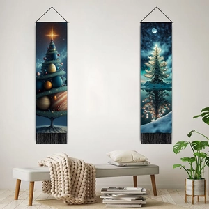 Space Christmas tapestries with starlight trees and black tassels for wall decor