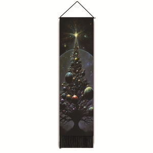 Vertical Space Christmas tapestry with starry galaxy tree, black hanging rod and tassels
