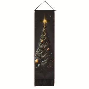 Detailed texture of Space Christmas tapestry with cosmic tree design and fringe