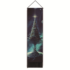 Vertical Space Christmas tree tapestry with glowing planet and black bottom tassels