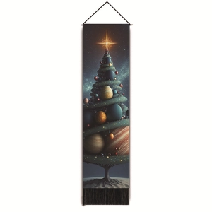 Close-up of galaxy-themed Christmas tree wall hanging with cosmic planet ornaments and tassels