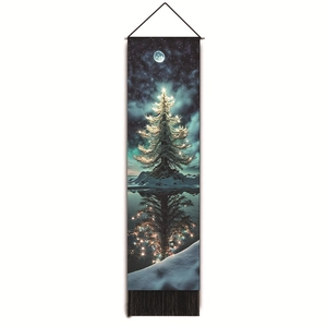 Detail of Christmas tapestry with star sky, moon reflection, and black tassel fringe