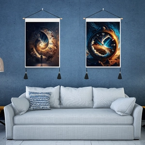 Detail of starry clock tapestries with wooden poles and black tassels on a blue wall