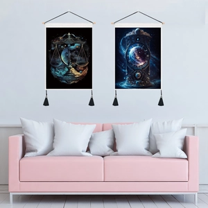 Nordic starry sky tapestries with wooden scroll and black tassels over a pink sofa