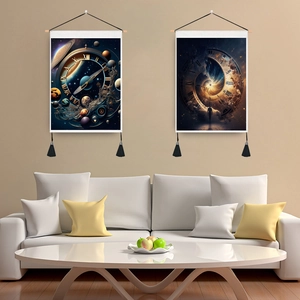 Nordic celestial wall hanging tapestry with clock and starry sky design for home decor