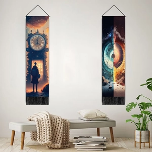 Nordic starry sky wall tapestry with mechanical clock design and black tassels