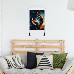 Nordic wall hanging tapestry featuring starry sky clock art with wooden frame and tassels