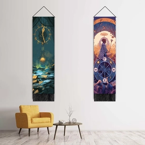 Vertical starry clock art tapestry set with gold celestial motifs and black tassels