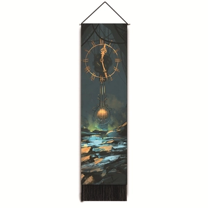 Starry clock art tapestry with golden dial and black tassels for wall decoration