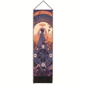 Detailed view of Wheel of Fortune tarot tapestry with black tassels and hanging rod