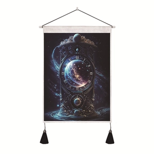 Detailed view of the starry galaxy clock tapestry featuring black decorative tassels