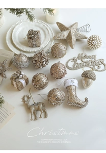 Champagne gold Christmas ornament set with glitter reindeer, stars and festive baubles