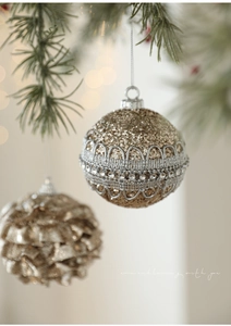 Close-up of champagne gold Christmas balls with sequins, silver lace, and rhinestones