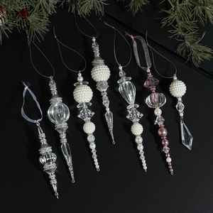 Elegant 7-piece Christmas tree pendant set with pearls and acrylic crystal icicles