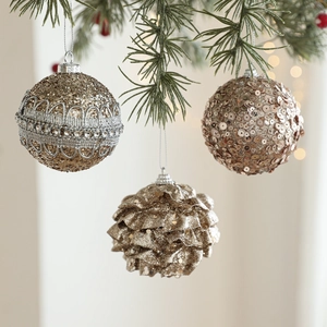 Champagne Gold Christmas Hanging Ornament Glitter Sequin Foam Ball Star Boot Pinecone For Christmas Tree Party Decoration