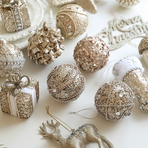 Champagne gold Christmas foam ornaments set with glitter, sequins and pearl beads