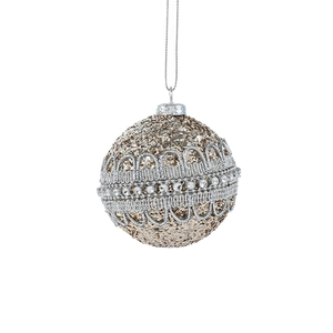 Champagne gold Christmas ball with silver lace and pearls hanging on white background