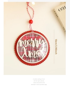 Close-up of 10cm wooden Christmas hanging ornament with merry Xmas text and plaid pattern