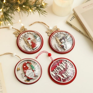 Set of four wooden Christmas ornaments with Santa and snowman in semi-globe design