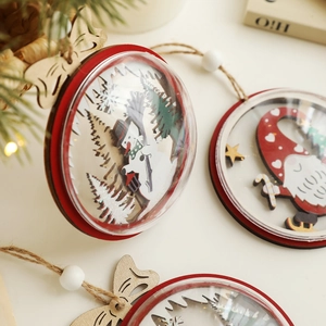 Wooden Christmas hanging ornaments with 3D Santa and snowman scenes in glass domes