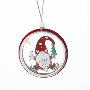 Wooden round Christmas tree ornament featuring a cute gnome with skates and candy cane