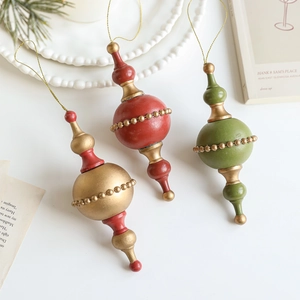 Vintage Wood Christmas Tree Ornaments Retro Finial Hanging Decor Red Gold Green Matte Painted Wooden Holiday Pendants