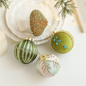 Ornement Boule de Noël Vintage Champignon Mousse Tissu Velours Strass Paillettes Décoration Arbre Suspendue Vert Or