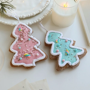 Pink and blue foam Christmas tree ornaments with glitter and velvet trim, two-piece set