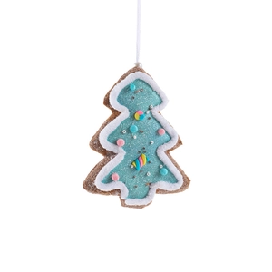 Blue Christmas tree ornament with glitter coating and colorful pom-poms for festive decor