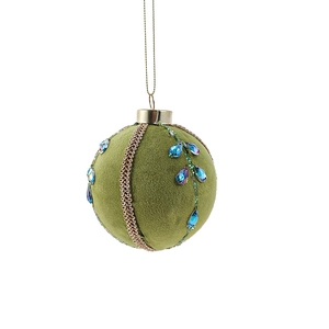Boule de Noël 8cm en velours vert olive avec gemmes et garniture tressée dorée