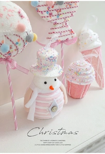 Pink Christmas ornaments set featuring snowman and candy shapes with glitter details