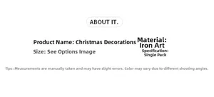 Detailed iron Christmas ornament specifications with minimalist layout and product dimensions