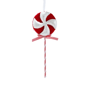 Ornement de Noël en forme de sucette velours rouge et blanc avec paillettes
