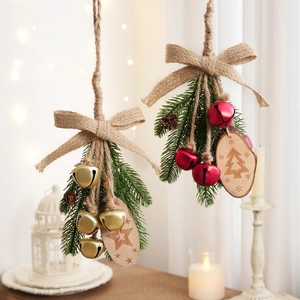 Christmas Hanging Ornament Rustic Pine Needle Pine Cone Bell Burlap Bow Wood Plaque Pendant Holiday Home Party Decoration