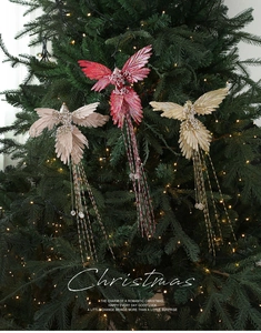 Detail showing colorful glitter birds with white pearls and long sequin tassels for Christmas trees