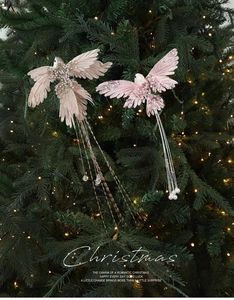 Detailed view of clip-on Christmas bird ornaments with sequins and pearl tail drops