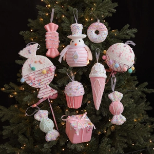 Macaron Pink Christmas Tree Hanging Ornaments Foam Dessert Candy Donut Cupcake Snowman Glitter Xmas Decor Party Home
