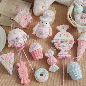 Pink macaron cartoon candy ornaments set for Christmas tree decoration and festive props