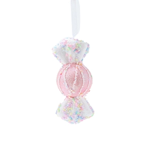 Pink macaron candy-shaped Christmas tree ornament with glitter and colorful sprinkles