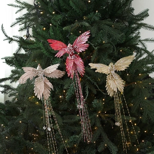 Luxury Christmas Tree Bird Ornaments Glitter Faux Artificial Pearl Tassel Bird Pendant For Xmas Holiday Home Party Decoration Props