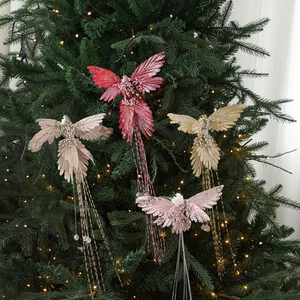 Glittery artificial birds with colorful feathers and pearls for Christmas tree decoration
