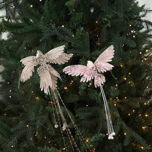 Sparkly Christmas tree bird decorations with faux feathers, pearls, and long tassels