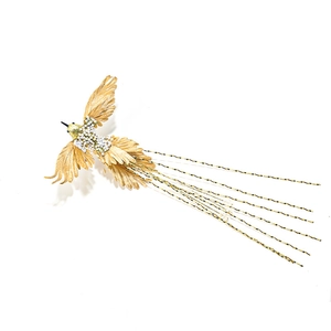 Golden bird Christmas tree ornament with white beads and long metallic tassels