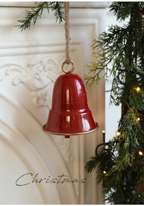 Campanella di Natale rossa lucida con finiture oro antico e corda di iuta naturale