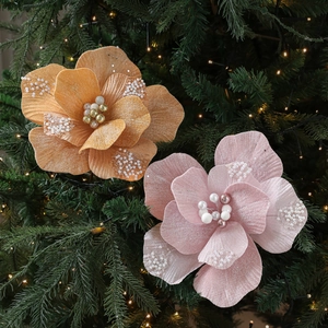 Glitter Kerstster Kunstbloem Fluweel Stof Met Kunstparels Voor Kerstboom Krans Slinger Decoratie