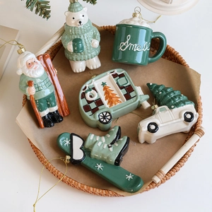 Christmas Tree Hanging Ornaments Green White Ceramic Look Plastic Santa Claus Polar Bear RV Car Cup Skiing Boots Home Decor